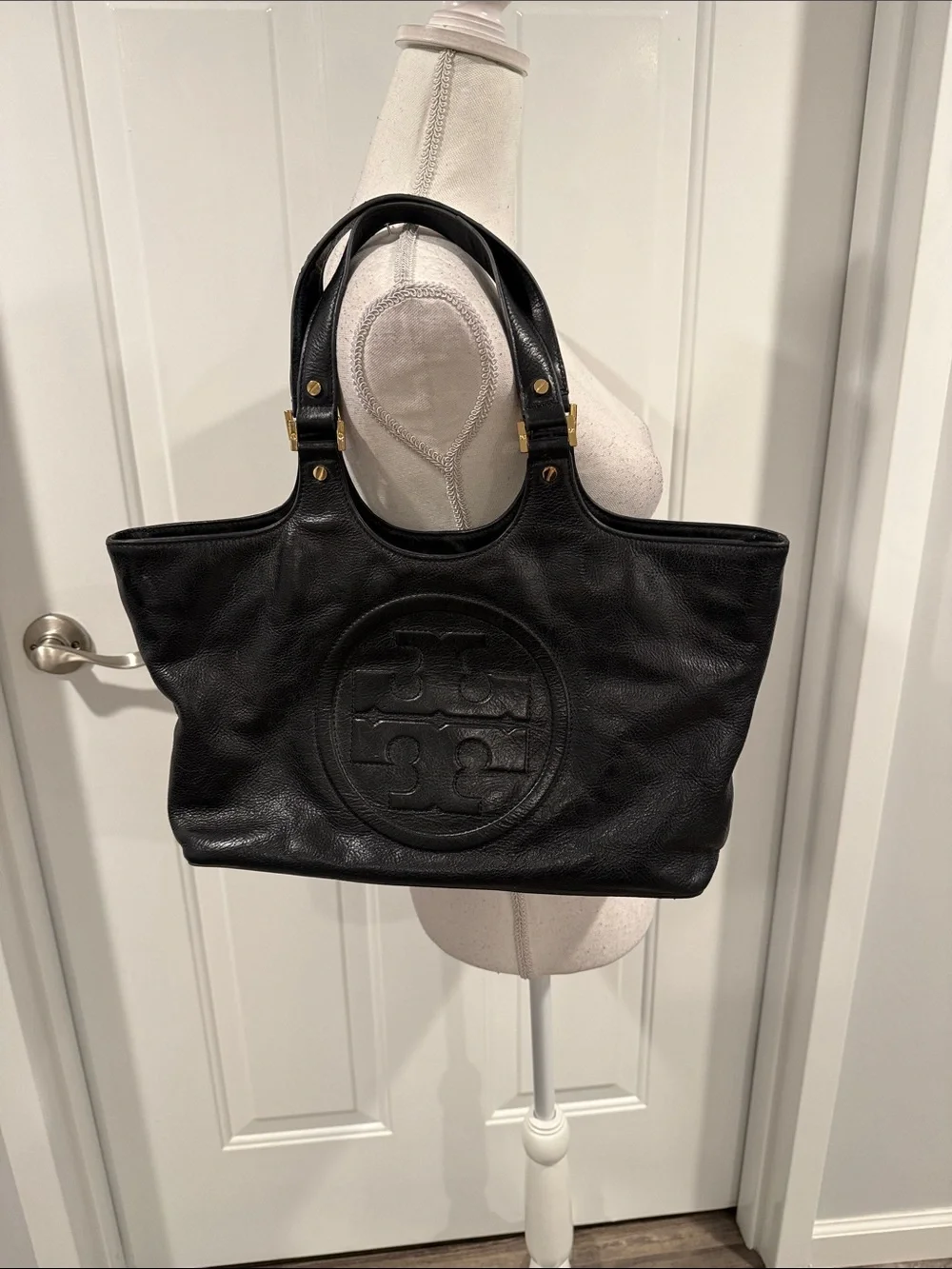 Tory Burch Bombe Black Leather Tote Bag